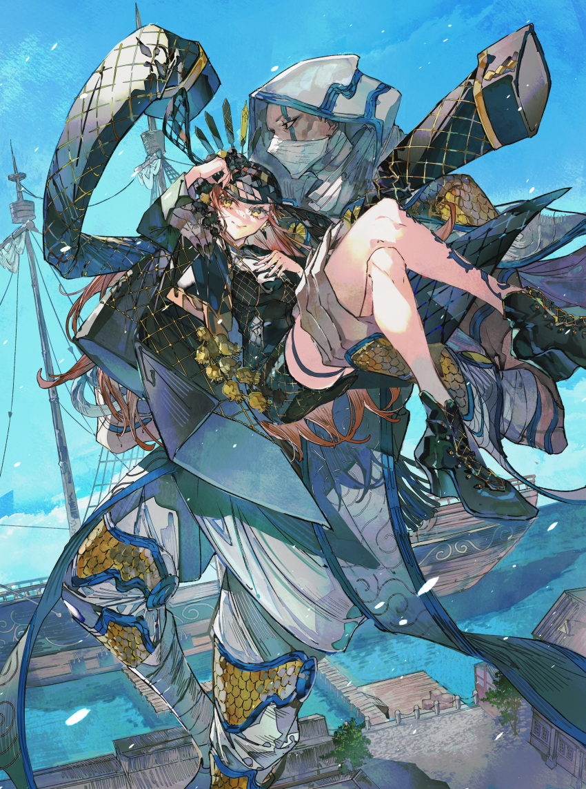 1boy 1girl absurdres ankle_boots assassin_(fate/samurai_remnant) bandaged_arm bandaged_leg bandaged_neck bandages blue_sky boat boots brown_hair carrying coat coat_on_shoulders crossed_legs dock dorothea_coyett facial_mark fate/samurai_remnant fate_(series) hat_tassel highres hollowed_headwear horizon large_hat leg_tattoo mask mouth_mask mura_karuki princess_carry sailing_ship ship sky tattoo thigh_strap water watercraft white_mask wide_brim yellow_eyes