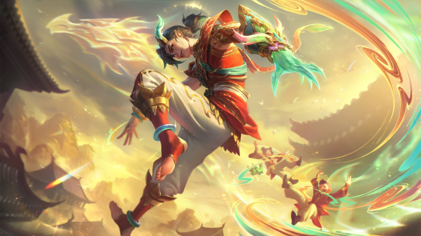 2boys black_hair dragon dragon_horns earrings eastern_dragon ezreal floating full_body hair_between_eyes heavenscale_ezreal highres horns house jewelry league_of_legends long_hair looking_at_viewer mountain multiple_boys official_alternate_costume official_alternate_hairstyle official_art outdoors pants pointy_ears ponytail sky smile soles solo_focus toes white_pants yellow_eyes