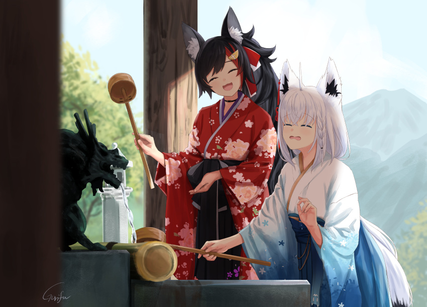 2girls :d absurdres ahoge animal_ear_fluff animal_ears black_hair black_hakama blue_hakama blue_kimono blue_sky blurry blurry_foreground braid closed_eyes clouds cloudy_sky commentary_request day depth_of_field floral_print fox_ears fox_girl fox_tail gradient_kimono gurifu hair_between_eyes hair_ornament hairclip hakama hakama_skirt highres hololive japanese_clothes kimono long_sleeves mountain multicolored_hair multiple_girls ookami_mio outdoors print_kimono red_kimono redhead shirakami_fubuki skirt sky smile streaked_hair tail virtual_youtuber water wavy_mouth white_hair white_kimono wide_sleeves wolf_ears