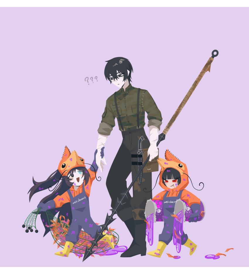 1girl 2boys aged_down black_eyes black_hair black_pants can collared_shirt dagger e.g.o_(project_moon) fishing_net green_shirt grey_background harpoon highres holding holding_can holding_net holding_weapon hong_lu_(project_moon) knife limbus_company long_sleeves multiple_boys no_710 pants parted_lips project_moon ryoshu_(project_moon) shirt shrimp simple_background sleeves_rolled_up soda suspenders thigh_strap weapon yi_sang_(project_moon)