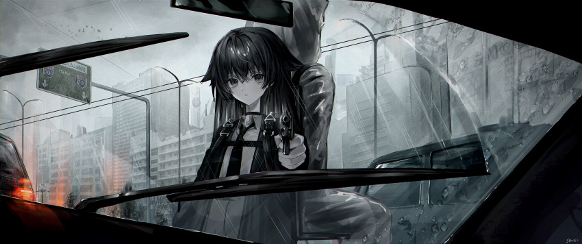 1girl absurdres aiming aiming_at_viewer building car city cityscape clouds gun handgun highres holding holding_gun holding_weapon lamppost looking_at_viewer motor_vehicle original police police_uniform policewoman power_lines red_light road road_sign scenery senakira sign skyscraper uniform weapon window wiring