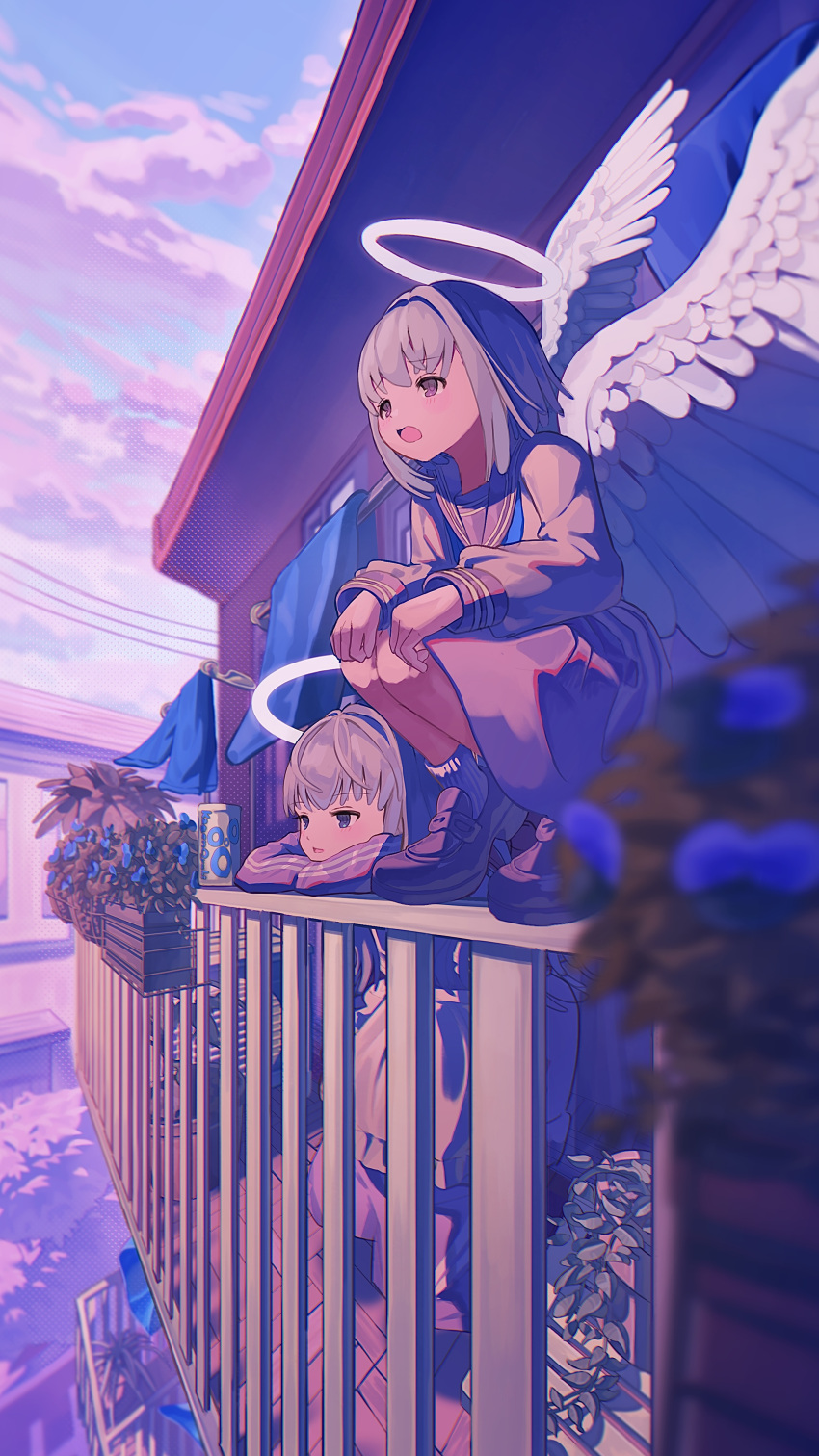 2girls absurdres against_railing angel angel_wings apron artist_name balcony blue_flower blue_theme blurry blurry_foreground clouds commentary day double_vertical_stripe drying drying_clothes feathered_wings flower grey_hair grey_skirt halo highres kagenoyuhi leaning loafers long_sleeves medium_hair multiple_girls on_railing open_mouth original perspective plant potted_plant railing sailor_collar school_uniform serafuku shoes skirt socks squatting standing white_apron white_socks white_wings wings
