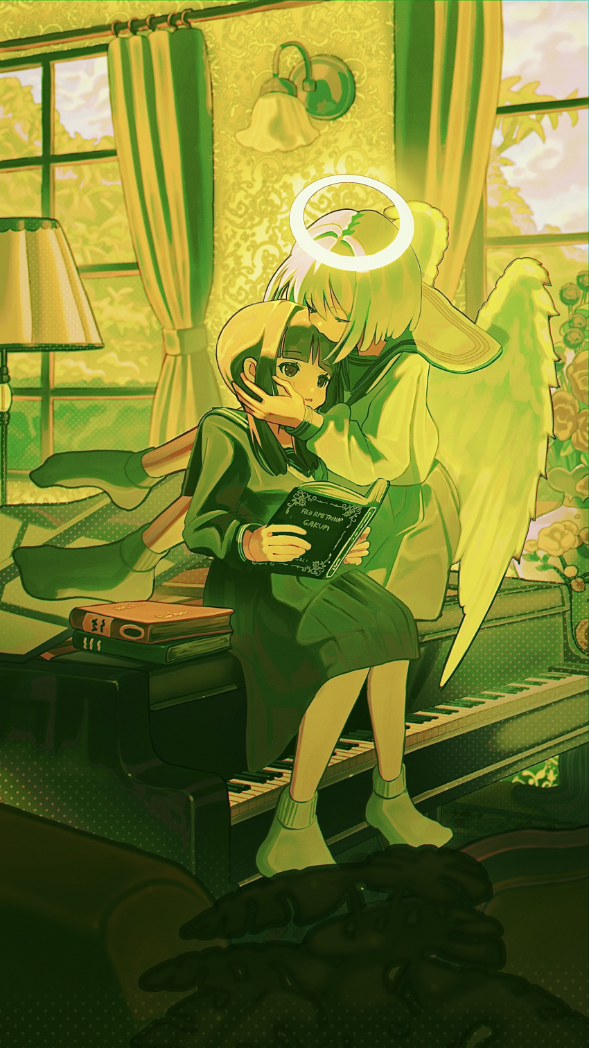 2girls absurdres angel angel_wings book book_stack closed_eyes commentary curtains full_body grand_piano green_theme hair_over_shoulder halo head_grab highres holding holding_book indoors instrument kagenoyuhi kiss kissing_forehead lamp long_hair long_sleeves low_twintails medium_hair multiple_girls no_shoes on_piano open_book original parted_lips piano plant pleated_skirt sailor_collar sailor_shirt school_uniform serafuku shirt sitting skirt socks twintails wallpaper_(object) window wings