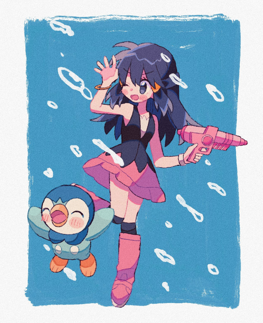 1girl arms_up bird black_socks black_vest blue_background blue_eyes blue_hair blush_stickers boots bracelet closed_eyes commentary full_body hair_ornament hand_up highres hikari_(pokemon) holding holding_water_gun jewelry jumping kneehighs long_hair mgomurainu one_eye_closed open_mouth penguin pink_footwear pink_skirt piplup pokemon pokemon_(anime) pokemon_(creature) pokemon_dppt_(anime) shirt sidelocks skirt sleeveless sleeveless_shirt socks splashing vest water water_gun white_shirt