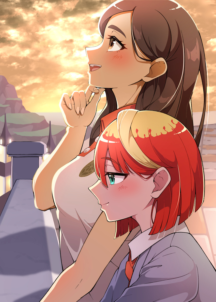 2girls :d absurdres blonde_hair blush breasts brown_eyes brown_hair buttons closed_mouth clouds cloudy_sky collared_shirt commentary_request day eri_(pokemon) eyelashes green_eyes hand_up highres long_hair looking_up mela_(pokemon) multicolored_hair multiple_girls open_mouth outdoors pokemon pokemon_sv pon_yui redhead shirt sky smile teeth tongue two-tone_hair upper_teeth_only