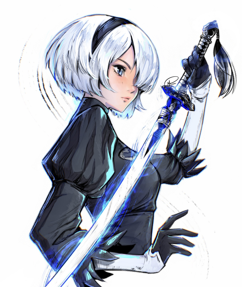 1girl 2b_(nier:automata) absurdres black_dress black_gloves black_hairband blue_eyes bob_cut breasts closed_mouth commentary cropped_torso dress feather-trimmed_sleeves from_side gloves hair_over_one_eye hairband hand_up highres holding holding_sword holding_weapon juliet_sleeves long_sleeves nier:automata nier_(series) one_eye_covered puffy_sleeves short_hair signature simple_background solo sword turtleneck_dress upper_body weapon white_background white_hair xriviia
