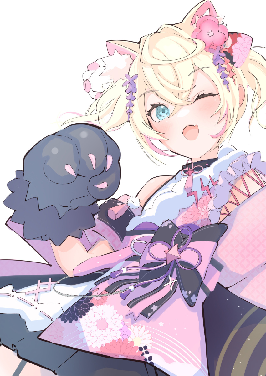 1girl absurdres animal_ear_fluff animal_ears animal_hands ayumi_(ayumi05888572) belt black_sash blonde_hair blue_eyes dog_ears dog_girl dog_paws fangs floral_print_kimono flower hair_flower hair_ornament highres hololive hololive_english japanese_clothes kimono looking_at_viewer mococo_abyssgard mococo_abyssgard_(new_year) multicolored_hair obi official_alternate_costume one_eye_closed open_mouth pink_belt pink_hair pink_kimono sash skin_fangs sleeveless sleeveless_kimono smile solo streaked_hair virtual_youtuber