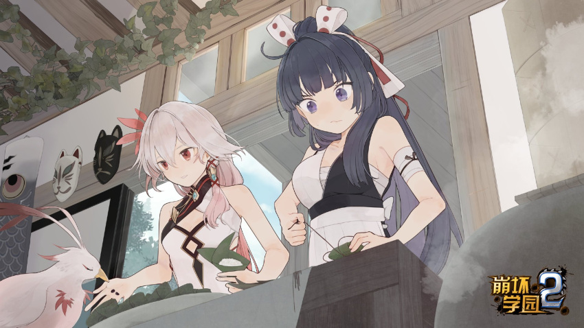 2girls apron aqua_gemstone bare_shoulders benghuai_xueyuan bird black_hair bow chest_sarashi china_dress chinese_clothes cleavage_cutout clothing_cutout cooking copyright_name dragon_print dress fox_mask fu_hua fu_hua_(phoenix) gradient_hair hair_between_eyes hair_bow hair_ornament highres hokushin_mei honkai_(series) indoors japanese_clothes long_hair low-tied_long_hair low_ponytail mask multicolored_hair multiple_girls official_art ponytail red_eyes red_rope redhead rice rope sarashi sleeveless sleeveless_dress streaked_hair taut_clothes taut_dress third-party_source turquoise_(gemstone) violet_eyes white_hair
