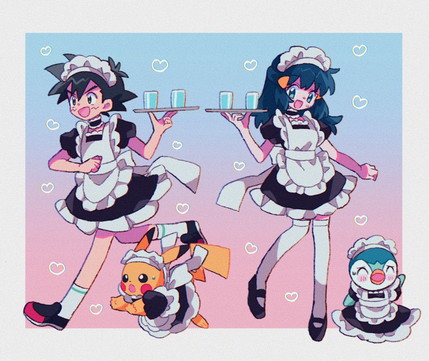 1boy 1girl alternate_costume apron ash_ketchum back_bow black_choker black_dress black_footwear black_hair blue_eyes blue_hair blush_stickers bow bright_pupils brown_eyes choker clothed_pokemon commentary crossdressing cup dress frilled_choker frilled_dress frilled_headwear frills full_body glass gradient_background hair_ornament hands_up happy headband heart heart_background highres hikari_(pokemon) holding holding_tray kneehighs looking_to_the_side maid maid_apron maid_headdress mgomurainu open_mouth pikachu piplup pokemon pokemon_(anime) pokemon_(creature) pokemon_dppt_(anime) puffy_short_sleeves puffy_sleeves running shoes short_hair short_sleeves sidelocks smile socks standing sweatdrop tray water white_apron white_bow white_headband white_socks