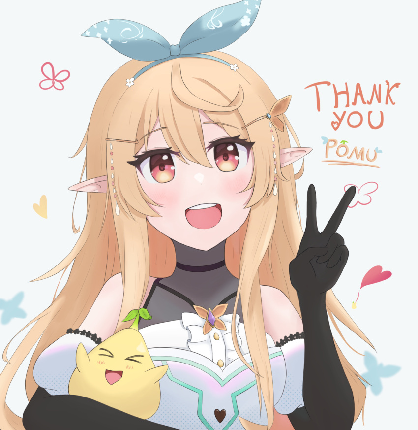 1girl artist_request black_gloves blonde_hair bow bug butterfly character_name elbow_gloves english_text flower gloves hair_bow highres long_hair nijisanji nijisanji_en non-web_source pointy_ears pomu_rainpuff pomu_rainpuff_(1st_costume) red_eyes ribbon smile solo source_request thank_you v