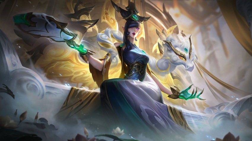 1girl black_hair breasts cowboy_shot detached_sleeves dragon dress eastern_dragon english_commentary flower fog hair_between_eyes hand_fan highres holding holding_fan indoors league_of_legends league_of_legends:_wild_rift long_hair looking_at_viewer lunar_empress_morgana medium_breasts morgana_(league_of_legends) official_alternate_costume official_alternate_hairstyle official_art parted_lips pointy_ears sidelocks sitting solo thrown violet_eyes
