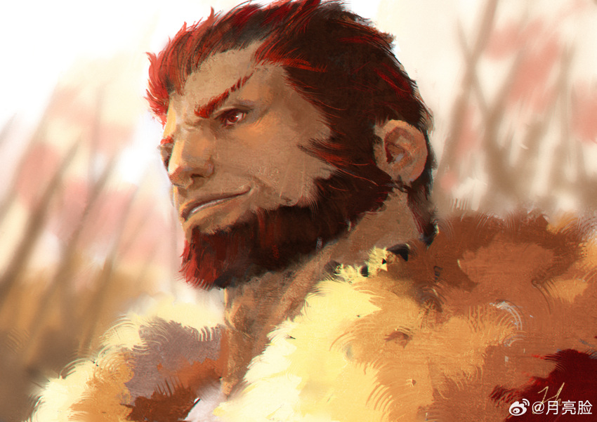 1boy absurdres adam's_apple beard cape facial_hair fate/grand_order fate_(series) highres iskandar_(fate) light_smile looking_ahead male_focus mature_male portrait red_eyes redhead short_hair smile solo square_face thick_neck yueliang_lian_(1570050215)