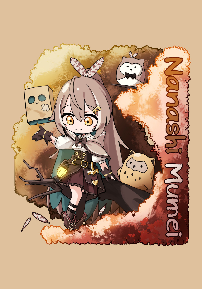 1girl absurdres ankle_boots autumn_leaves boots brown_background brown_capelet brown_cloak brown_corset brown_eyes brown_hair cape capelet character_name chibi cloak corset dagger falling_feathers feather_hair_ornament feathers friend_(nanashi_mumei) gloves hair_ornament highres hololive hololive_english hooman_(nanashi_mumei) hootsie_(nanashi_mumei) in_tree jadea5124 kneehighs knife lantern long_hair nanashi_mumei nanashi_mumei_(1st_costume) partially_fingerless_gloves pleated_skirt pouch red_skirt ribbon shirt single_kneehigh single_sock single_thighhigh skirt smile socks thigh-highs tree very_long_hair virtual_youtuber weapon white_shirt