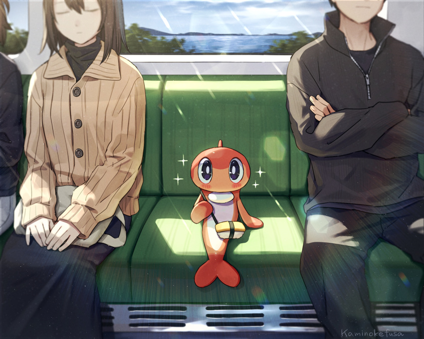 1boy 1girl 1other artist_name bag black_eyes blue_sky blush closed_eyes closed_mouth clouds colored_skin commentary_request crossed_arms fish food food-themed_bag forked_tail highres horizon kaminokefusa looking_at_viewer orange_skin pokemon pokemon_(creature) shoulder_bag sitting sky sparkle sushi tail tatsugiri tatsugiri_(curly) train_interior twitter_username water