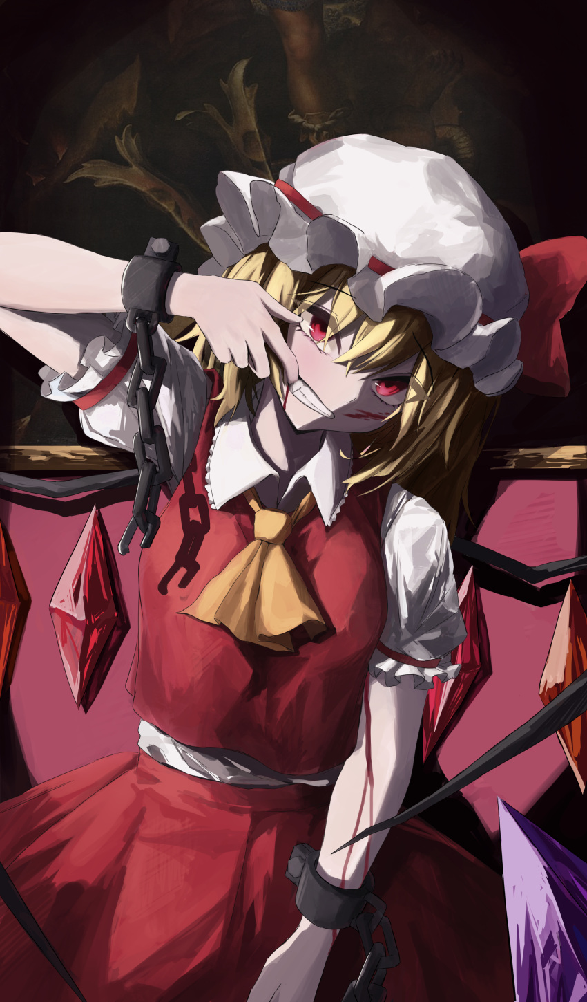 1girl absurdres ascot blonde_hair blood blood_on_face chain closed_mouth collared_shirt cowboy_shot crystal dress fangs flandre_scarlet hat highres medium_hair mob_cap mouth_pull muginosa red_dress red_eyes shirt solo touhou yellow_ascot
