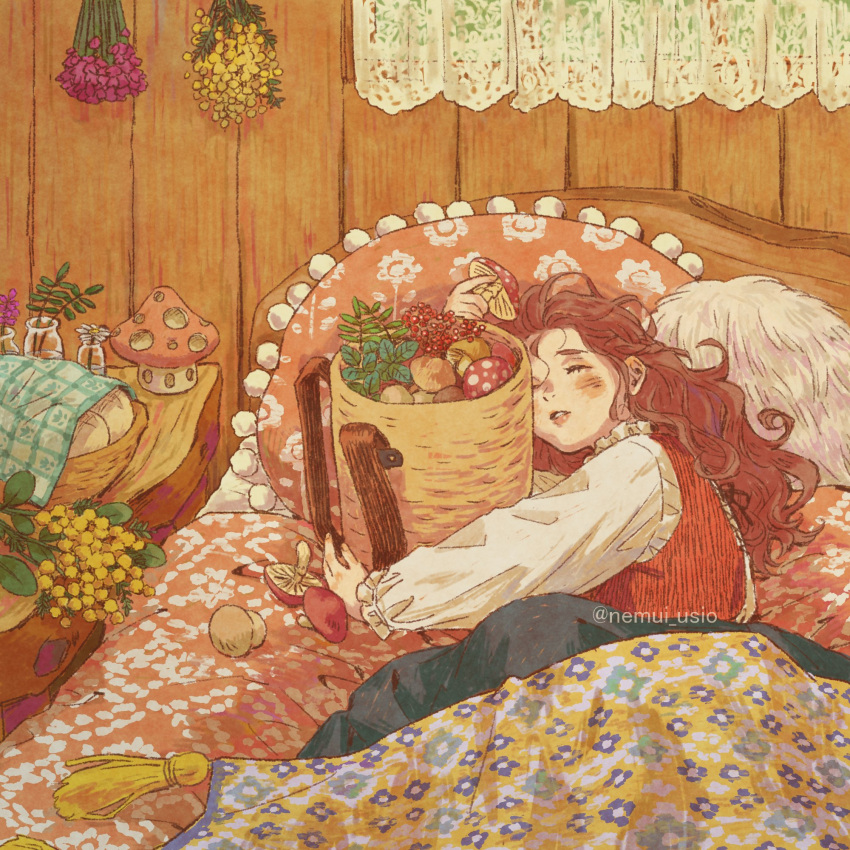 1girl backpack_basket basket bedroom blanket blue_sky blush bottle closed_eyes curtains floral_print flower frilled_sleeves frills hair_between_eyes hair_slicked_back hand_up herb_bundle highres holding holding_mushroom indoors long_hair long_sleeves lying mushroom nemui_usio on_bed on_side original outstretched_arm parted_lips puffy_long_sleeves puffy_sleeves red_vest redhead shirt sky solo table tassel toy twitter_username under_covers vest wavy_hair white_shirt window wooden_wall yellow_flower