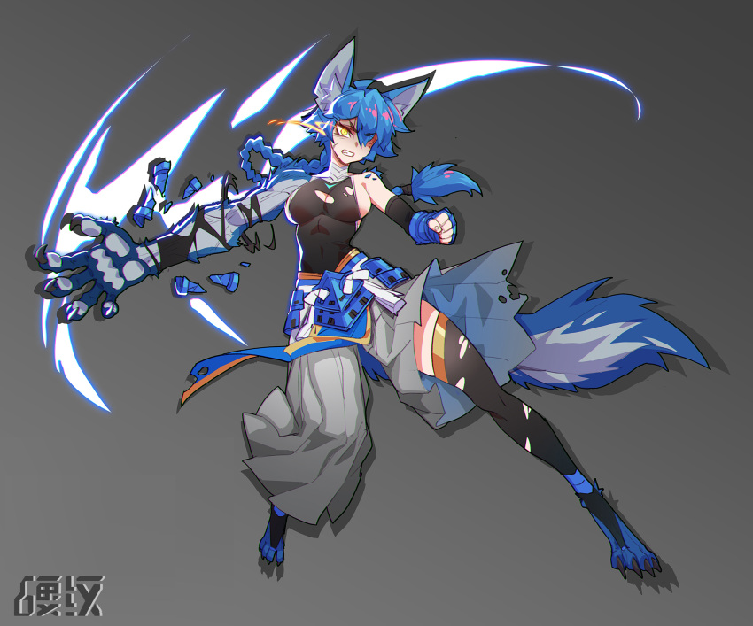 1girl angry animal_ear_fluff animal_ears animal_feet animal_hands blue_hair braid breasts clenched_teeth full_body grey_background highres large_breasts liren44 original simple_background solo tail teeth werewolf wolf_ears wolf_girl wolf_tail yellow_eyes