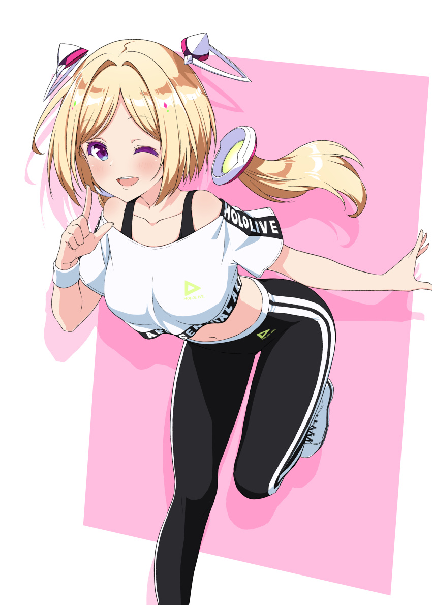 1girl ;d absurdres aki_rosenthal asanaya bent_over blonde_hair blush bob_cut character_name copyright_name crop_top detached_hair dot_nose drop_shadow eyelashes hand_up highres hololive hololive_dance_practice_uniform index_finger_raised leg_up legs_folded long_hair looking_at_viewer low_twintails midriff navel off-shoulder_shirt off_shoulder official_alternate_costume one_eye_closed open_mouth pants parted_bangs pink_background shirt shoes short_hair smile sneakers solo standing standing_on_one_leg sweatband teeth track_pants twintails upper_teeth_only violet_eyes virtual_youtuber white_background white_footwear white_shirt wristband
