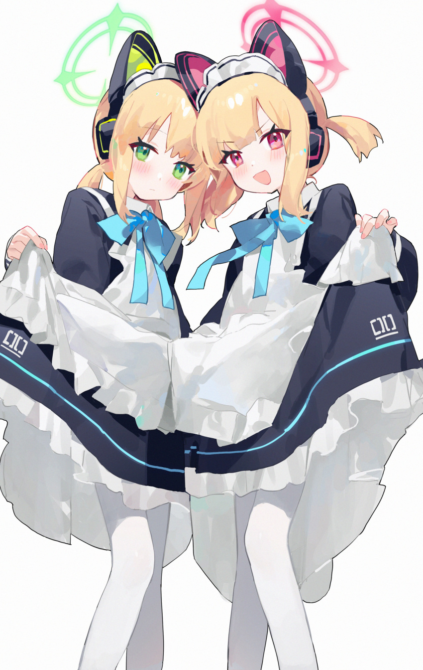 2girls absurdres animal_ear_headphones animal_ears apron black_dress blonde_hair blue_archive blush closed_mouth commentary dress fake_animal_ears feet_out_of_frame green_eyes green_halo halo headphones highres long_sleeves measho midori_(blue_archive) midori_(maid)_(blue_archive) momoi_(blue_archive) momoi_(maid)_(blue_archive) multiple_girls official_alternate_costume open_mouth pantyhose pink_halo red_eyes short_hair siblings simple_background sisters smile twins white_apron white_background white_pantyhose