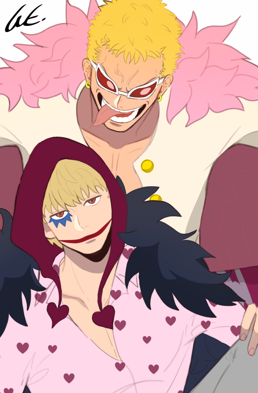 2boys blonde_hair brothers coat coat_on_shoulders donquixote_doflamingo donquixote_rocinante earrings feather_coat fur_coat hair_slicked_back hat heart heart_print highres hood jewelry looking_at_viewer makeup male_focus multiple_boys oh_no_66 one_piece open_mouth pink_coat red_hood shirt short_hair siblings smile sunglasses tinted_eyewear white-framed_eyewear white_shirt