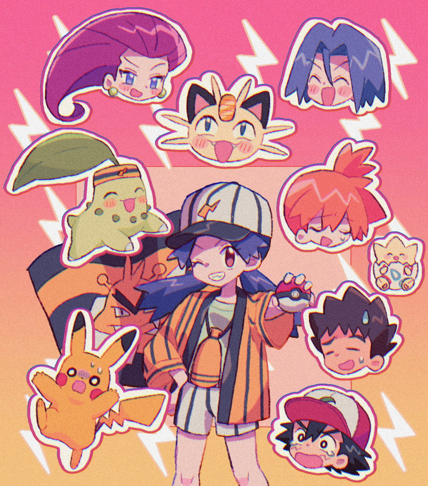3boys 3girls ash_ketchum baseball_cap baseball_uniform black_hair blue_eyes blue_hair blush_stickers bright_pupils brock_(pokemon) brown_hair casey_(pokemon) cat chibi chibi_inset chikorita closed_eyes commentary_request earrings electabuzz fangs flag gradient_background grin hand_up happy hat headband high_ponytail highres holding holding_poke_ball jacket james_(pokemon) jessie_(pokemon) jewelry lightning_bolt_symbol long_hair looking_up megaphone meowth mgomurainu misty_(pokemon) multicolored_clothes multicolored_headwear multiple_boys multiple_girls one_eye_closed open_clothes open_jacket open_mouth orange_hair outstretched_arm pikachu pink_hair poke_ball pokemon pokemon_(anime) pokemon_(classic_anime) pokemon_(creature) red_eyes short_hair short_ponytail shorts side_ponytail sigh smile sphere_earrings spiky_hair sportswear striped striped_jacket striped_shorts surprised sweatdrop tearing_up togepi twintails upper_body vertical-striped_jacket vertical-striped_shorts vertical_stripes yellow_jacket