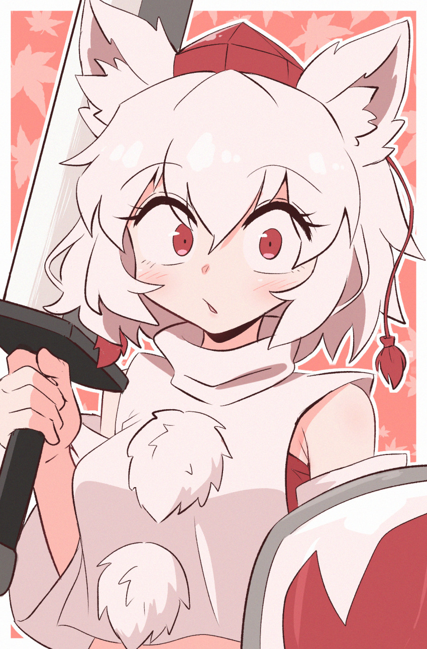 1girl animal_ears bare_shoulders blush breasts detached_sleeves grey_hair hat highres inubashiri_momiji kurachi_mizuki looking_at_viewer medium_breasts midriff open_mouth pom_pom_(clothes) red_eyes shield shirt short_hair solo sword tail tokin_hat touhou weapon white_hair wolf_ears wolf_girl wolf_tail