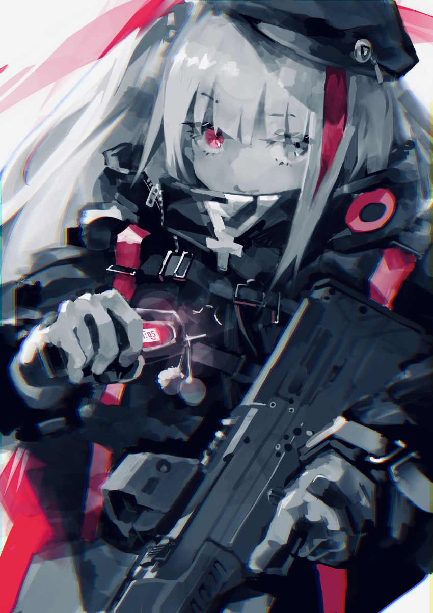 1girl aamond absurdres beret cellphone desert_tech_mdr flip_phone girls_frontline gloves grey_hair greyscale hat heterochromia highres holding holding_phone jacket long_hair looking_at_viewer mdr_(girls'_frontline) monochrome multicolored_hair phone pink_eyes pink_hair solo strap streaked_hair tactical_clothes
