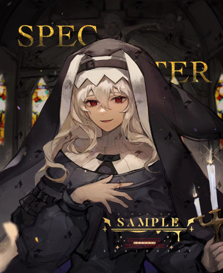 1girl arknights black_dress black_headwear candelabra candle candlestand coif dress etiv habit hair_between_eyes hat highres holding holding_candle long_hair long_sleeves looking_at_viewer nun open_mouth red_eyes smile solo specter_(arknights) stained_glass upper_body white_hair