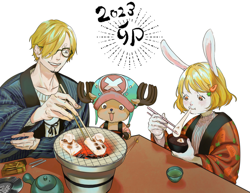 1girl 2boys absurdres animal_ears antlers blonde_hair bowl cardigan carrot_(one_piece) chopsticks commentary curly_eyebrows eating food glasses hair_over_one_eye hat highres holding holding_bowl holding_chopsticks kotatsu mochi multiple_boys one_piece rabbit_ears reindeer_antlers sanji_(one_piece) short_hair simple_background smile table tony_tony_chopper under_table white_background yao_yasan zouni_soup