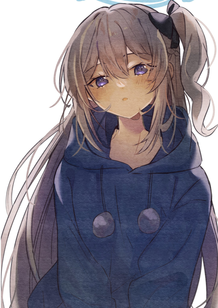 1girl blue_archive blue_halo blue_hoodie blush braid grey_hair hair_between_eyes halo highres hood hood_down hoodie long_hair long_sleeves looking_at_viewer miyako_(blue_archive) naoton one_side_up open_mouth simple_background solo upper_body violet_eyes white_background