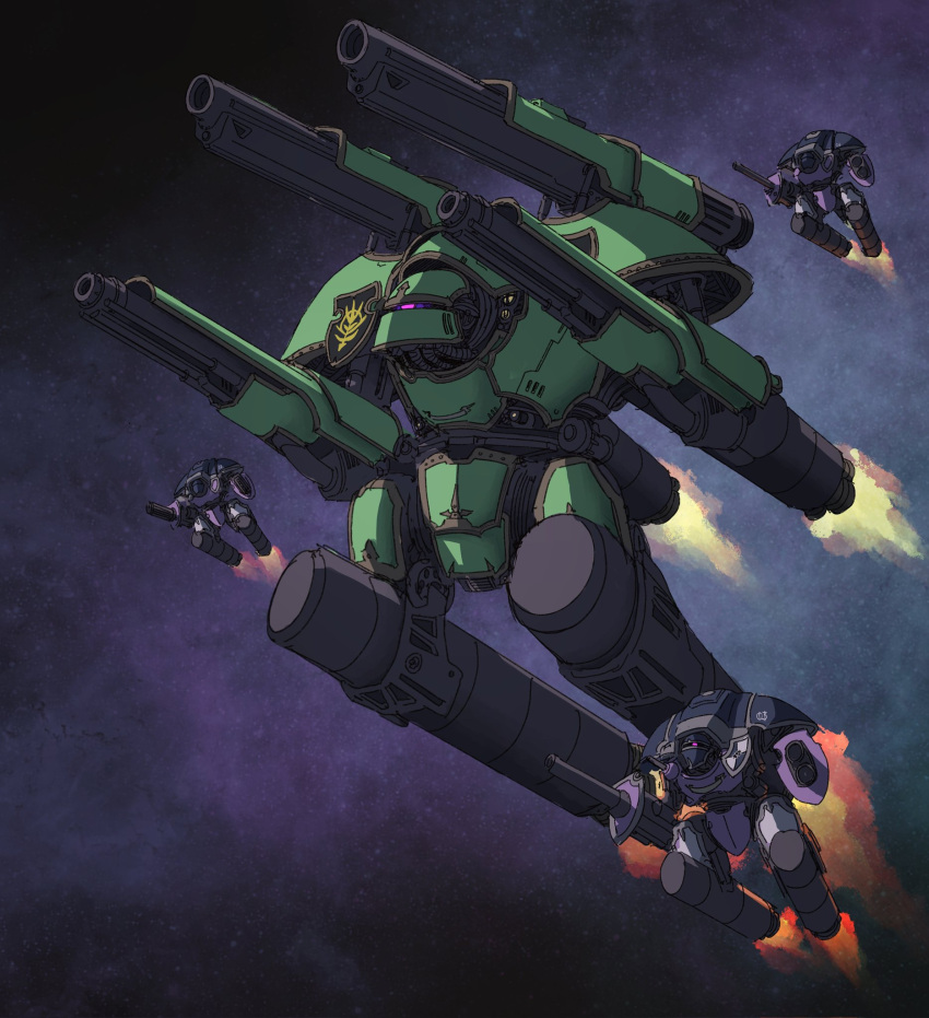 arm_cannon armor blue_armor cannon crest crossover cyclops fusion green_armor gun gundam highres imperial_knight jet_engine joints mecha mobile_suit_gundam nissetasss no_humans one-eyed redesign robot robot_joints rocket_engine science_fiction shoulder_cannon space titan_(warhammer_40k) violet_eyes warhammer_40k weapon zaku_ii zeon