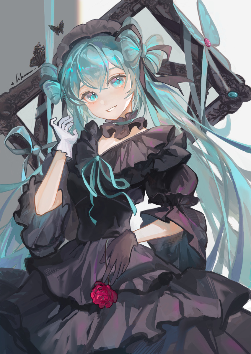 1girl absurdres aqua_eyes aqua_hair aqua_ribbon asymmetrical_gloves black_butterfly black_choker black_dress black_gloves black_hairband blinklikeer bow-shaped_hair bug butterfly choker dress flower frilled_choker frilled_dress frilled_hairband frills gloves gothic_lolita grin hairband hand_up hatsune_miku head_tilt highres holding holding_flower lolita_fashion lolita_hairband long_hair looking_at_viewer mismatched_gloves neck_ribbon picture_frame red_flower red_rose ribbon rose smile solo twintails upper_body very_long_hair vocaloid white_background white_gloves wide_sleeves