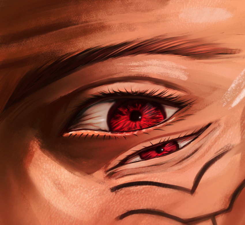 1boy absurdres close-up commentary crain1art extra_eyes eye_focus facial_mark half-closed_eyes highres jujutsu_kaisen looking_at_viewer male_focus red_eyes ryoumen_sukuna_(jujutsu_kaisen) solo symbol-only_commentary uneven_eyes