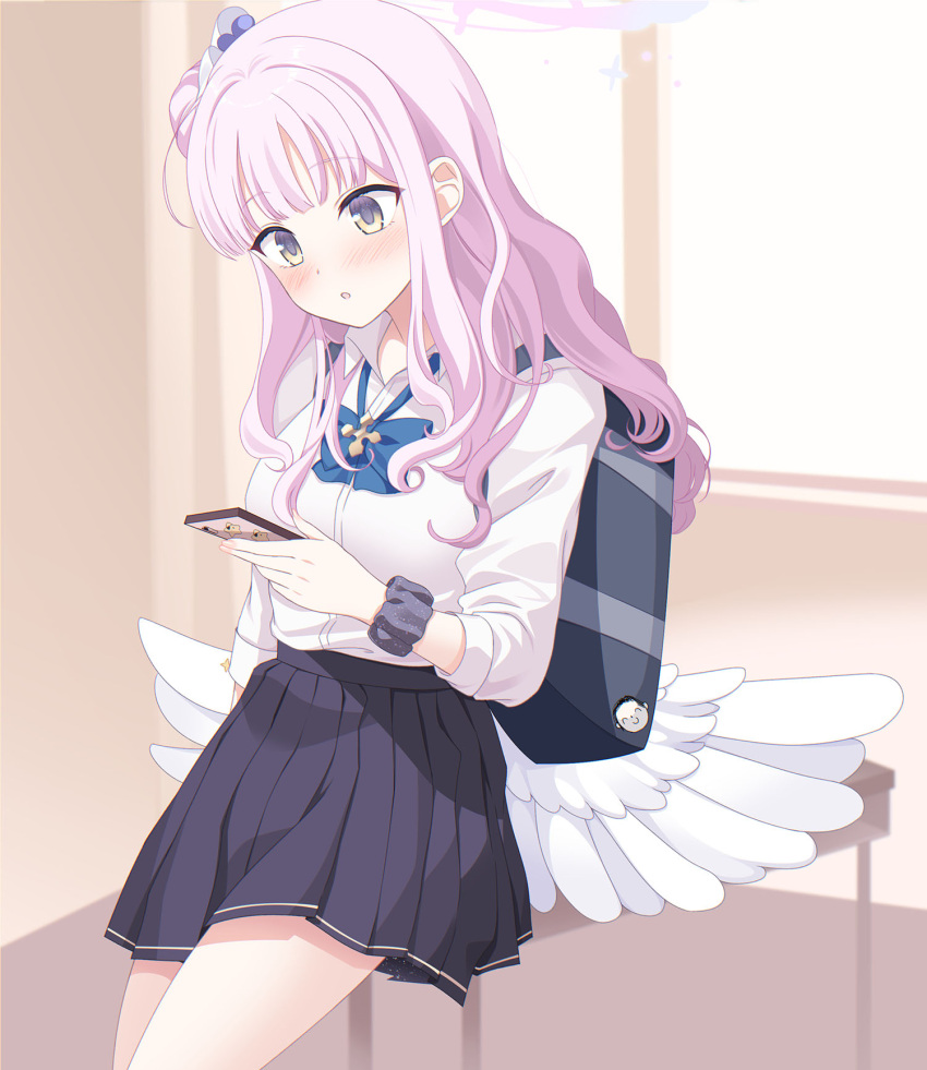 1girl alternate_costume angel_wings arm_support bag blue_archive blunt_bangs blurry blush bow cameo cellphone classroom collared_shirt commentary_request depth_of_field desk doodle_sensei_(blue_archive) eko feathered_wings hair_bun hair_ornament halo highres holding holding_phone indoors long_hair mika_(blue_archive) one_side_up parted_lips phone pink_hair pleated_skirt reading school school_bag school_desk school_uniform scrunchie sensei_(blue_archive) shirt short_sleeves sidelocks single_side_bun sitting skirt smartphone solo white_wings window wings wrist_scrunchie yellow_eyes