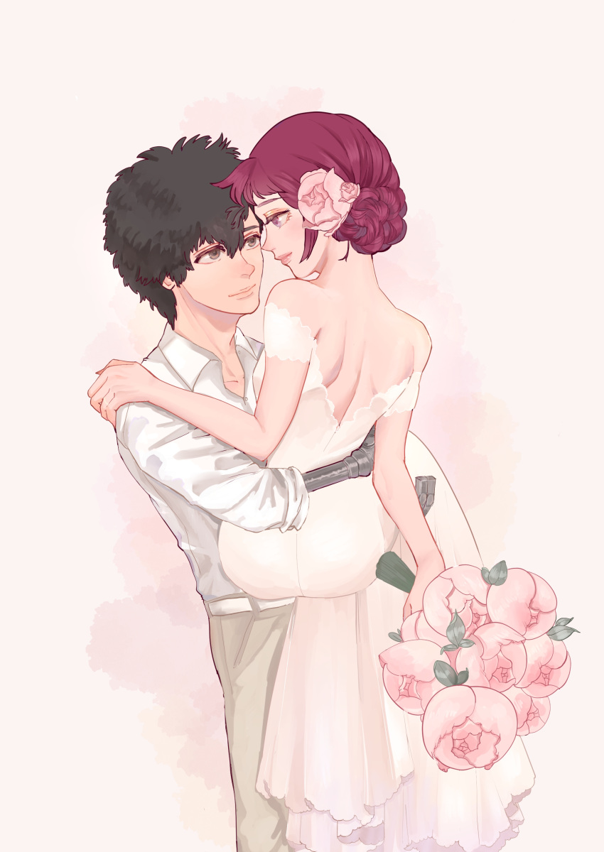 1boy 1girl absurdres backless_dress backless_outfit bare_shoulders belt black_hair bouquet bride brown_eyes carrying closed_mouth collared_shirt couple cowboy_shot daryl_lorenz dress eye_contact eyeshadow flower grey_pants groom gundam gundam_thunderbolt hair_bun hair_flower hair_ornament hand_on_another's_shoulder hetero highres holding holding_bouquet husband_and_wife karla_mitchum looking_at_another makeup off-shoulder_dress off_shoulder open_collar orange_eyeshadow pants pink_background pink_flower princess_carry prosthesis prosthetic_arm purple_hair shirt short_hair short_sleeves simple_background smile violet_eyes watercolor_background wedding wedding_dress white_belt white_dress white_shirt wing_collar zisshi