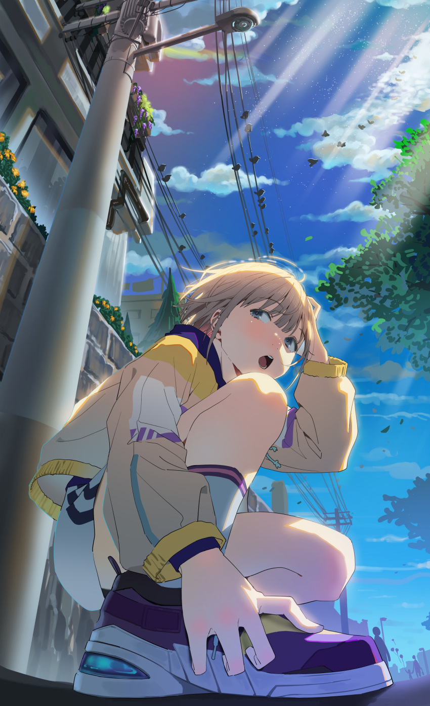 1girl absurdres arjent balloon bird blue_eyes blue_sky blush brown_jacket building city clouds day falling_leaves flower from_above grey_hair hand_on_own_head highres idolmaster idolmaster_shiny_colors jacket lamppost leaf light_particles long_sleeves looking_at_another open_mouth outdoors purple_flower purple_footwear purple_shirt serizawa_asahi shirt shoes short_hair shorts sky sneakers socks solo squatting sunlight teeth tile_wall tiles tree utility_pole white_shorts white_socks yellow_flower yellow_trim