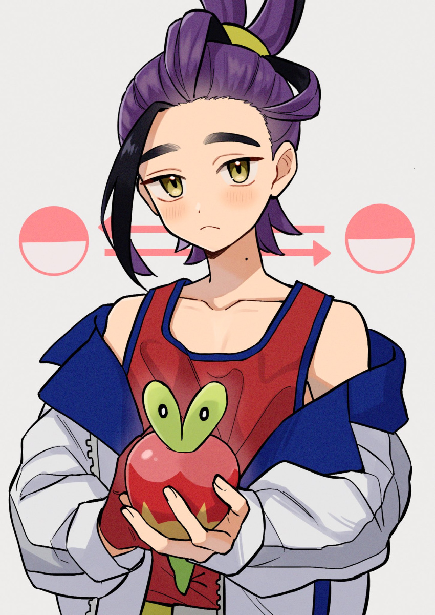 1boy applin black_hair blush closed_mouth gloves highres holding holding_pokemon jacket kieran_(pokemon) long_sleeves looking_at_viewer male_focus mole mole_on_neck multicolored_hair off_shoulder open_clothes open_jacket pokemon pokemon_(creature) pokemon_sv purple_hair red_gloves red_tank_top simple_background single_glove suy_(meuuiu) tank_top upper_body white_jacket yellow_eyes