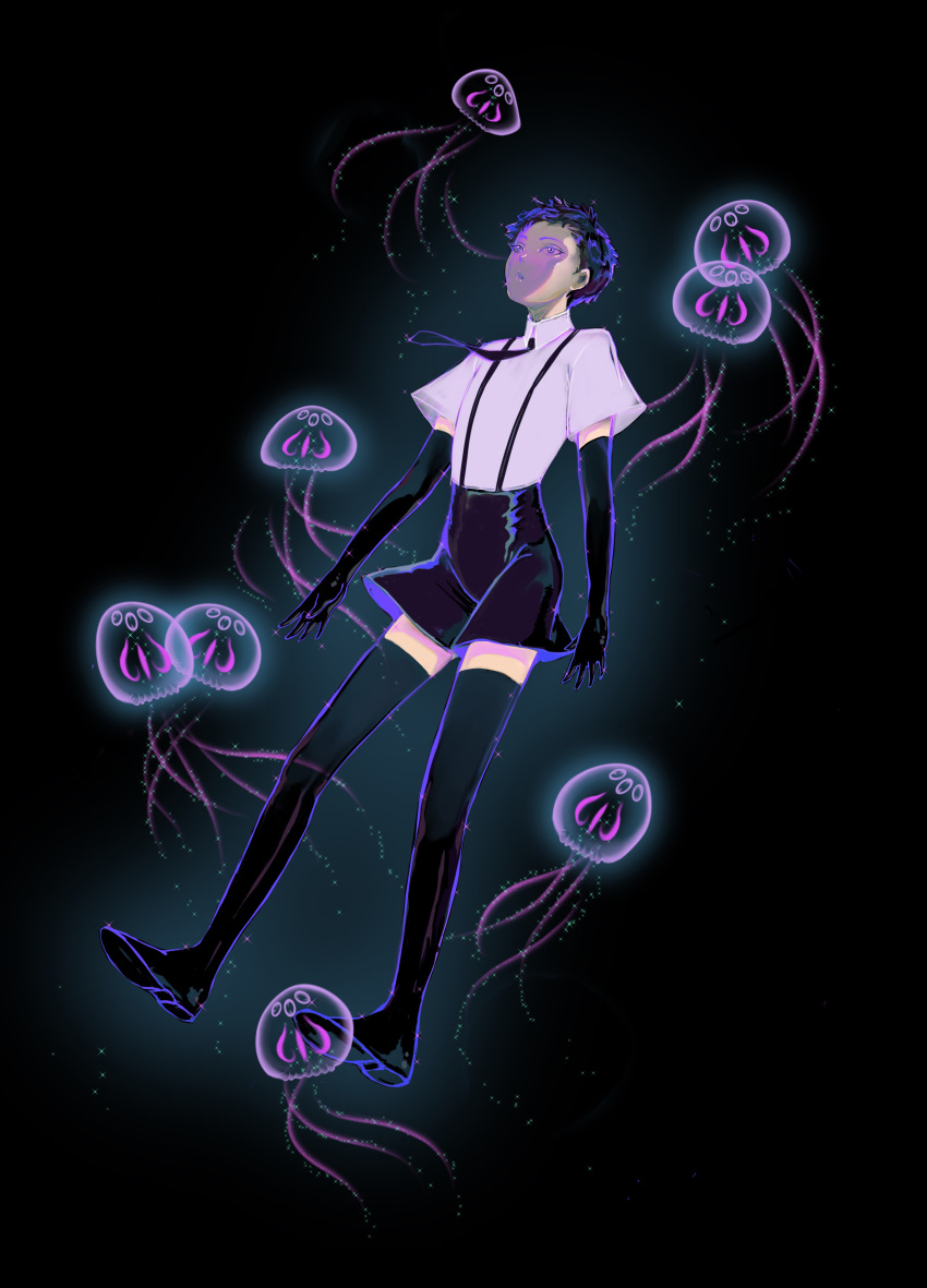 1other absurdres androgynous black_background black_gloves black_hair black_necktie black_shorts black_thighhighs bort elbow_gloves floating floating_clothes full_body gem_uniform_(houseki_no_kuni) gloves highres houseki_no_kuni jellyfish light_particles looking_up necktie oo0mog0oo other_focus parted_lips purple_hair shoes short_hair short_sleeves shorts skort soles solo submerged suspender_shorts suspenders thigh-highs very_short_hair