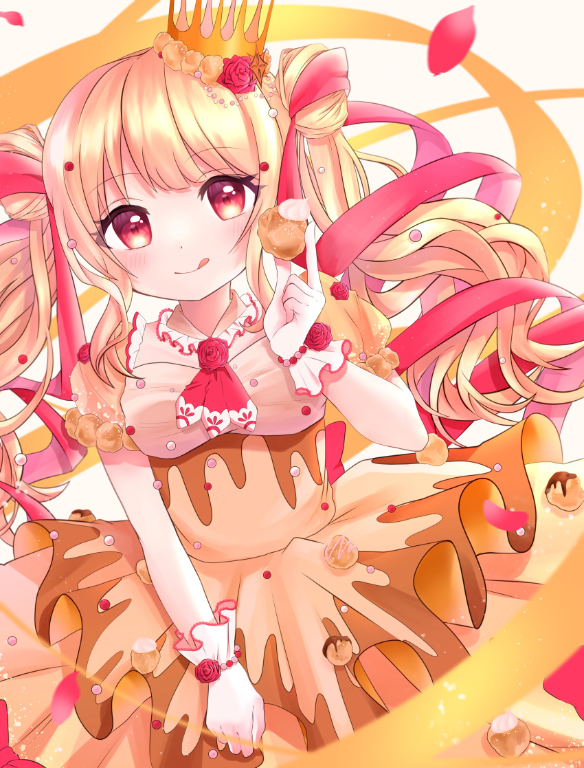 1girl :q absurdres blonde_hair blush breasts cowboy_shot croquembouche crown dot_nose dress flower flower_brooch food hair_ribbon hat hat_flower highres holding holding_food layered_dress long_hair looking_at_viewer medium_breasts mini_crown necktie orange_dress orange_sleeves original personification puffy_sleeves red_eyes red_flower red_necktie red_ribbon red_rose ribbon rose simple_background smile solo standing sweets tongue tongue_out twintails umiusagi_mimi white_background wrist_cuffs yellow_ribbon
