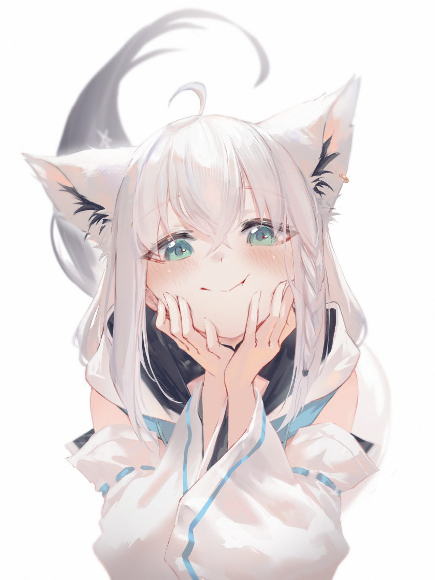 1girl absurdres animal_ear_fluff animal_ears aqua_eyes aqua_neckerchief blush closed_mouth detached_sleeves fox_ears fox_girl fox_tail hands_on_own_cheeks hands_on_own_face highres hololive hood hood_down hyde_(tabakko) long_hair looking_at_viewer low_ponytail neckerchief shirakami_fubuki shirakami_fubuki_(1st_costume) shirt simple_background smile solo strapless strapless_shirt tail upper_body virtual_youtuber white_background white_hair white_hood white_shirt wide_sleeves