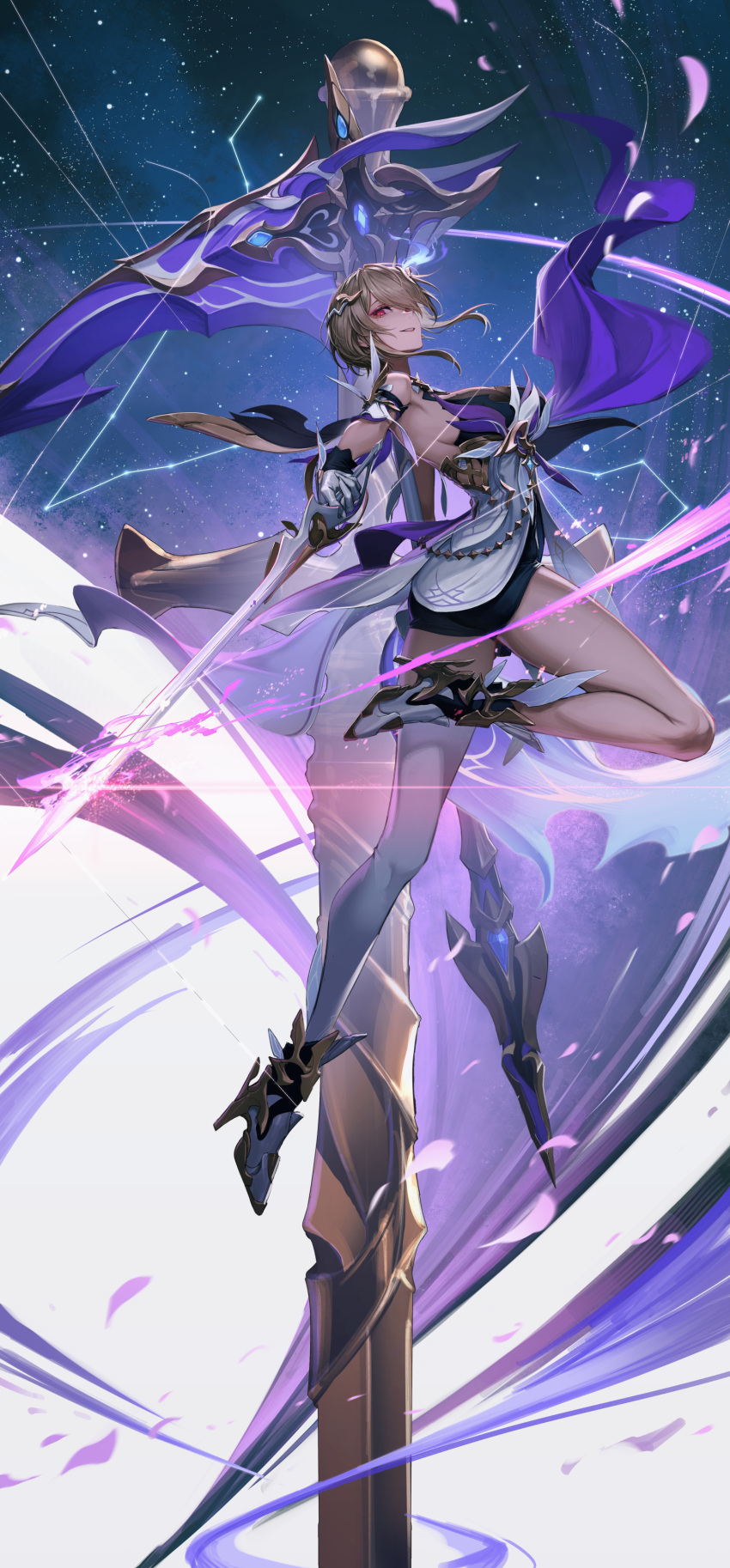 1girl absurdres armor armored_dress armpits bare_shoulders breasts dress from_side full_body gloves hair_ornament hair_over_one_eye high_heels highres holding holding_sword holding_weapon honkai_(series) honkai_impact_3rd knee_up large_breasts light_brown_hair looking_at_viewer mole mole_under_eye namahamu913 parted_lips petals red_eyes rita_rossweisse rita_rossweisse_(spina_astera) scythe short_hair_with_long_locks single_thighhigh smile solo starry_background sword thigh-highs weapon white_dress white_gloves