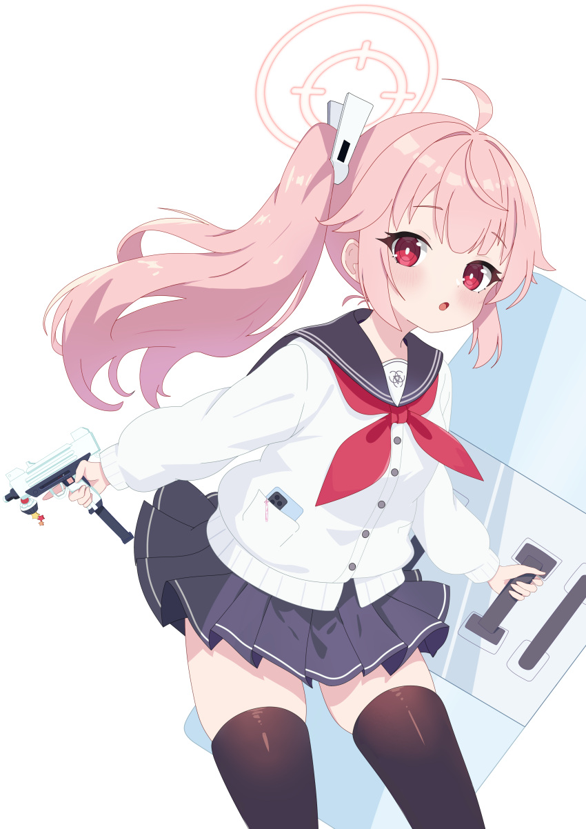 1girl absurdres baozi_9527 black_sailor_collar black_skirt black_thighhighs blue_archive blush gun halo highres holding holding_gun holding_shield holding_weapon long_hair long_sleeves looking_at_viewer natsu_(blue_archive) neckerchief open_mouth pink_hair pink_halo pleated_skirt red_eyes red_neckerchief sailor_collar shield side_ponytail simple_background skirt solo thigh-highs weapon white_background