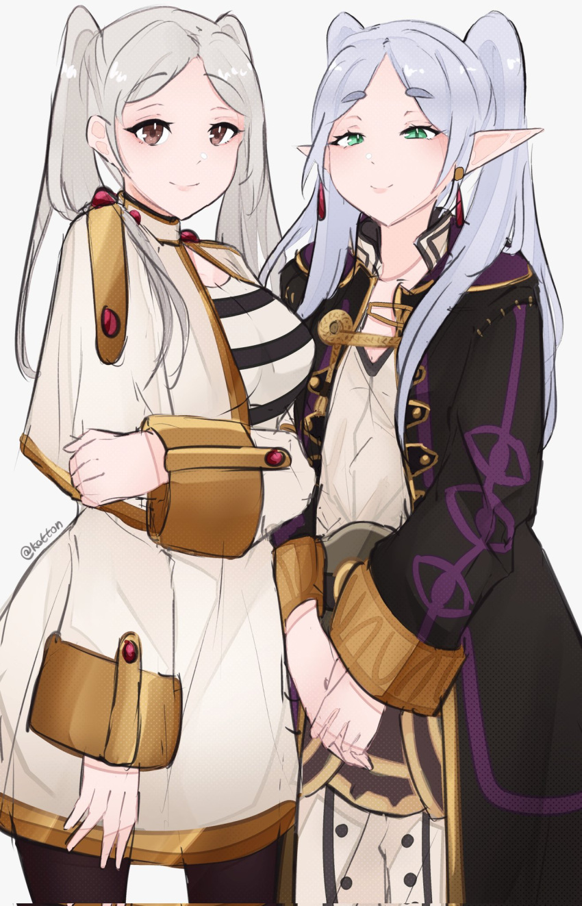 2girls blush capelet commentary cosplay costume_switch dangle_earrings earrings english_commentary fire_emblem frieren green_eyes grey_hair highres jewelry long_hair long_sleeves looking_at_viewer multiple_girls pantyhose parted_bangs pointy_ears robin_(female)_(fire_emblem) robin_(fire_emblem) serafineart1001 shirt simple_background striped striped_shirt trait_connection twintails twitter_username white_background white_capelet white_hair