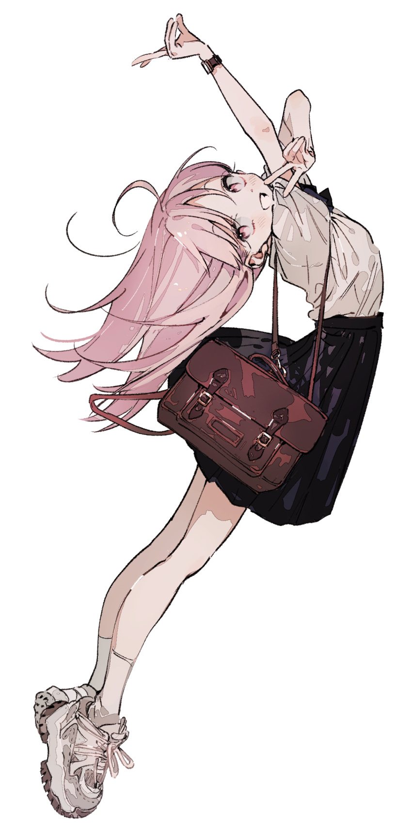1girl absurdres ahoge arms_up bag black_skirt brown_bag double_v from_side full_body grin highres jewelry long_hair looking_at_viewer looking_to_the_side medium_hair mormormorp open_mouth original pink_eyes pink_hair pleated_skirt school_bag school_uniform shirt shirt_tucked_in shoes short_sleeves simple_background skirt smile sneakers socks solo stretching v watch watch white_background white_footwear white_shirt white_socks