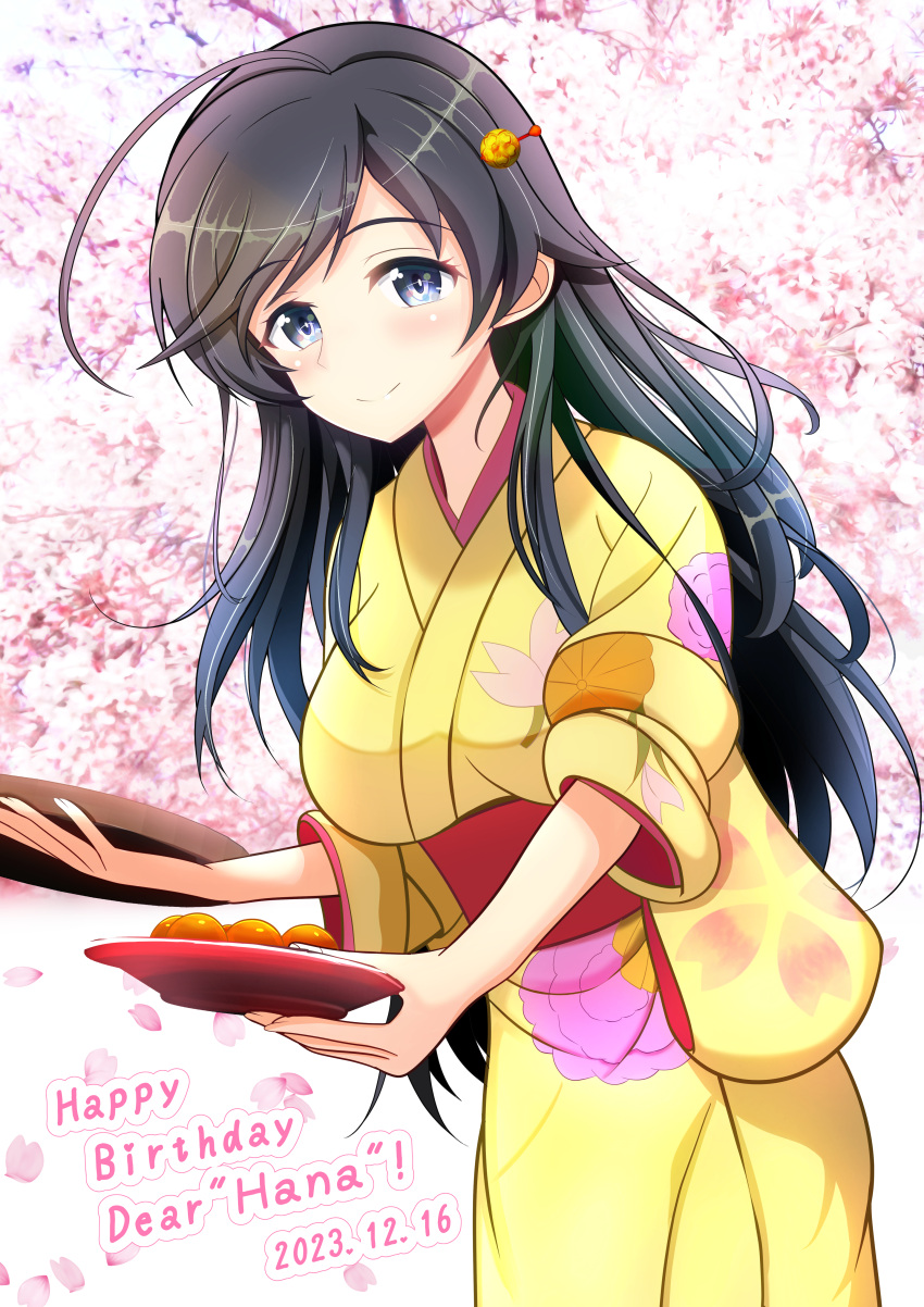 1girl absurdres ahoge birthday black_eyes black_hair character_name cherry_blossoms closed_mouth commentary dated english_text floral_print food furisode girls_und_panzer hair_ornament hairclip happy_birthday highres holding holding_plate isuzu_hana japanese_clothes kimono kumaisao leaning_forward long_hair looking_at_viewer obi plate print_kimono sash sleeves_rolled_up smile solo standing tree yellow_kimono