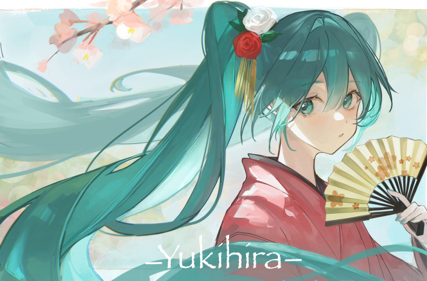 1girl aqua_eyes aqua_hair aqua_nails branch flat_chest floral_print flower folding_fan from_side hair_between_eyes hair_flower hair_ornament hand_fan hand_up hatsune_miku highres holding holding_fan japanese_clothes kimono long_hair looking_at_viewer outside_border red_flower red_kimono red_rose rose solo twintails upper_body very_long_hair vocaloid white_flower white_rose yukihira_makoto