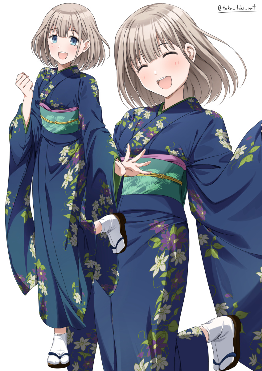 1girl absurdres blue_eyes blue_kimono blush breasts clenched_hand closed_eyes dot_nose floral_print full_body green_sash grey_hair hand_up highres idolmaster idolmaster_shiny_colors japanese_clothes kimono long_sleeves looking_at_viewer multiple_views obi obiage obijime open_hand open_mouth print_kimono sash serizawa_asahi short_hair simple_background small_breasts smile standing standing_on_one_leg tabi takatsuki_p teeth twitter_username upper_teeth_only white_background wide_sleeves zouri