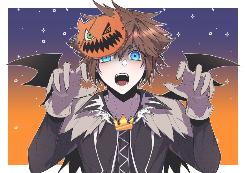 1boy bat_wings black_jacket blue_eyes border brown_hair claw_pose fangs food-themed_hair_ornament gloves gongju_s2 gradient_background green_eyes hair_ornament halloween highres jacket kingdom_hearts kingdom_hearts_i kingdom_hearts_ii looking_at_viewer open_mouth portrait pumpkin_hair_ornament solo sora_(kingdom_hearts) spiky_hair the_nightmare_before_christmas white_border white_gloves wings