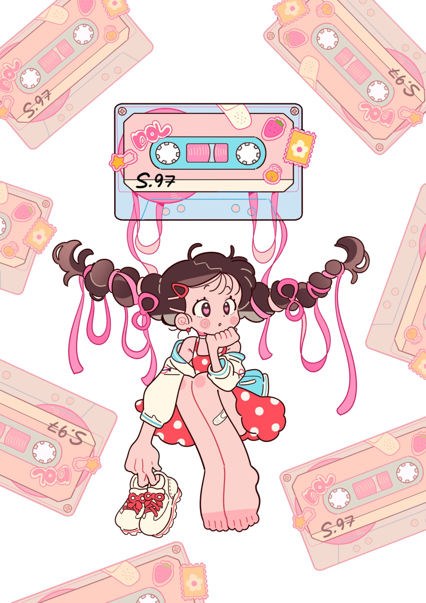 1girl absurdres barefoot blush cassette_tape dolman_(dm) dress hair_ribbon highres looking_to_the_side original pink_ribbon red_dress ribbon solo toes