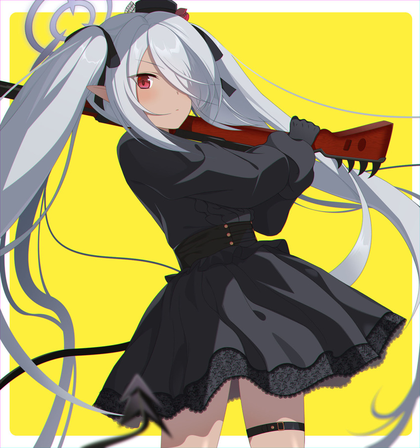 1girl alternate_costume belt black_dress black_gloves blue_archive bolt_action commentary_request dark-skinned_female dark_skin demon_girl demon_tail dress eko gloves grey_hair gun hair_over_one_eye halo highres holding holding_gun holding_weapon iori_(blue_archive) long_hair long_sleeves looking_at_viewer mauser_98 over_shoulder parted_bangs pointy_ears red_eyes rifle sidelocks simple_background solo tail thigh_belt thigh_strap twintails weapon weapon_over_shoulder yellow_background